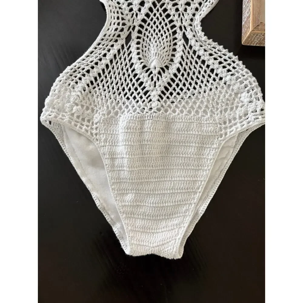 Crochet One Piece White Bathing Suit Size S-M - Picture 3 of 9